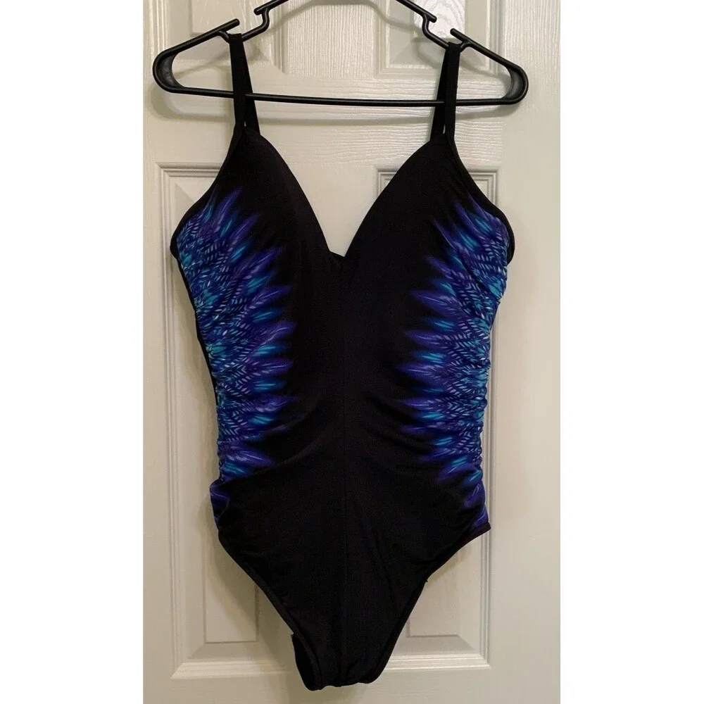 Miraclesuit Temptation One Piece Swimsuit Size 14 Blue Black Tummy Control